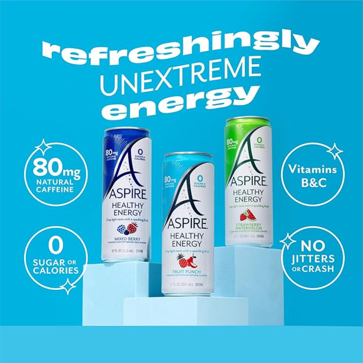 ASPIRE® The Fan Favorite Variety Pack, Healthy Energy Drink 80mg Natural Caffeine, Zero Sugar No Carbs Keto Friendly, 12 Pack Green Tea Sugar Free Drink Low Caffeine Zero Calorie