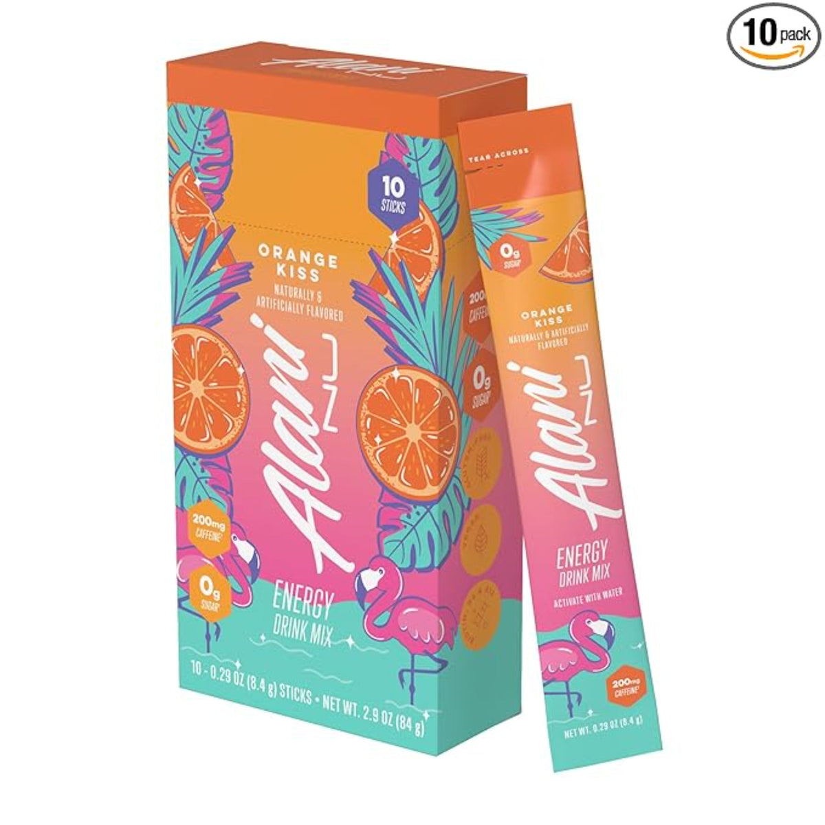 Alani Nu ORANGE KISS Energy Sticks, Energy Drink Powder, 200mg Caffeine, Pre Workout Performance with Antioxidants, On-The-Go Drink Mix, Biotin, B Vitamins, Zero Sugar, 5-10 Calories, 10 Pack