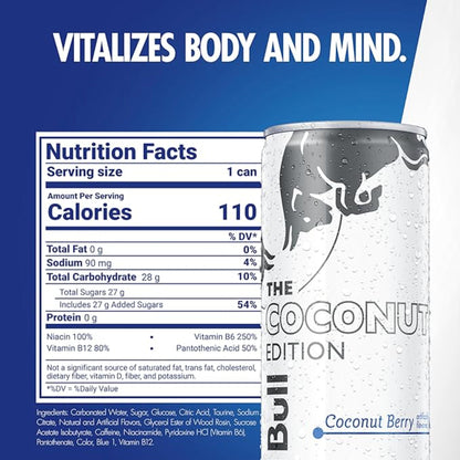 Red Bull Coconut Edition Energy Drink, Coconut Berry, with 80mg Caffeine plus Taurine & B Vitamins, 8.4 Fl Oz, Pack of 24 Cans