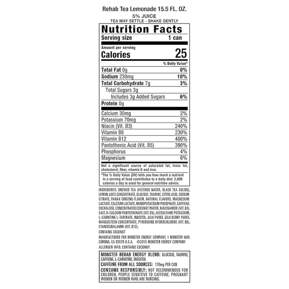 Monster Energy Rehab Tea + Lemonade + Energy, Energy Iced Tea, Energy Drink 15.5 Ounce (Pack of 15)