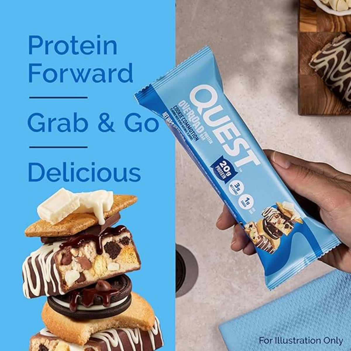 Quest Nutrition Overload Protein Bars, Cookie Commotion, 20g Protein, 1g Sugar, 3g Net Carbs, Gluten Free, 12 Count